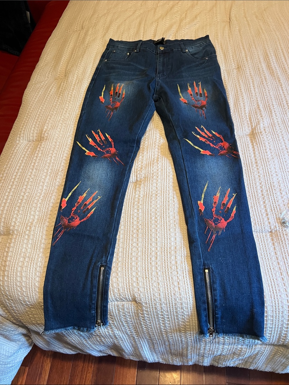 Dark Blue Skinny Jeans with Red & Orange Handprint Accents